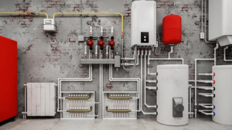 Central heating boiler system with connected pipes, valves, and hot water storage tanks designed for whole-home heating efficiency.