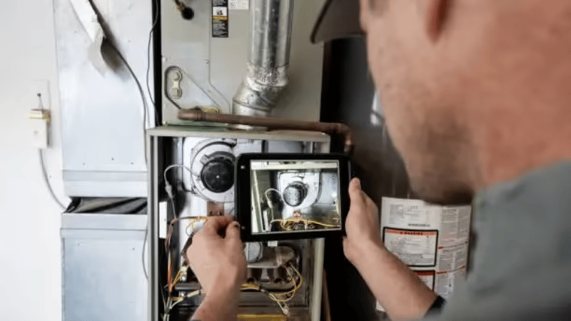 HVAC technician performing a furnace inspection using a diagnostic camera to check internal components and system performance.