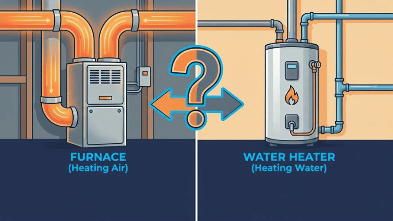 Diagram comparing a furnace that heats air for home comfort versus a water heater that heats water for household use.
