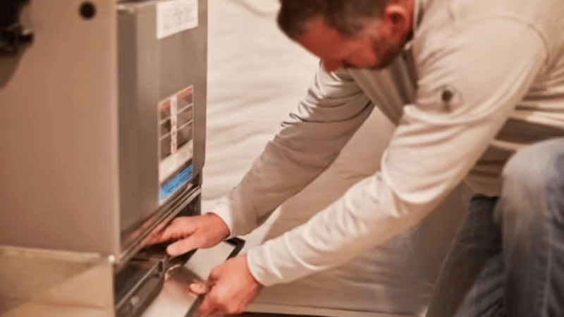 Professional technician repairing a residential furnace by adjusting internal components to restore reliable heating performance.