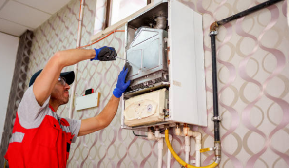 An HVAC technician wearing gloves services a wall-mounted boiler unit by adjusting internal components during maintenance.