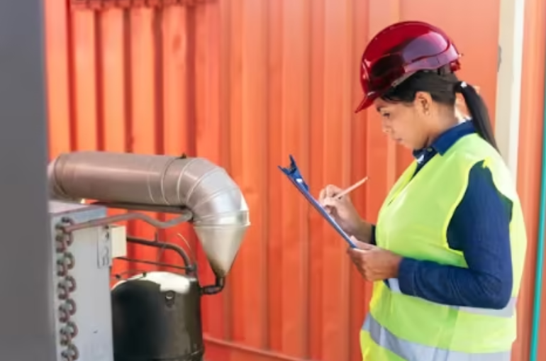 A safety-clad technician checks industrial equipment while writing on a clipboard.