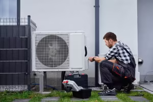 Technician crouching beside an open toolbox while servicing an outdoor air conditioning condenser unit next to a house.